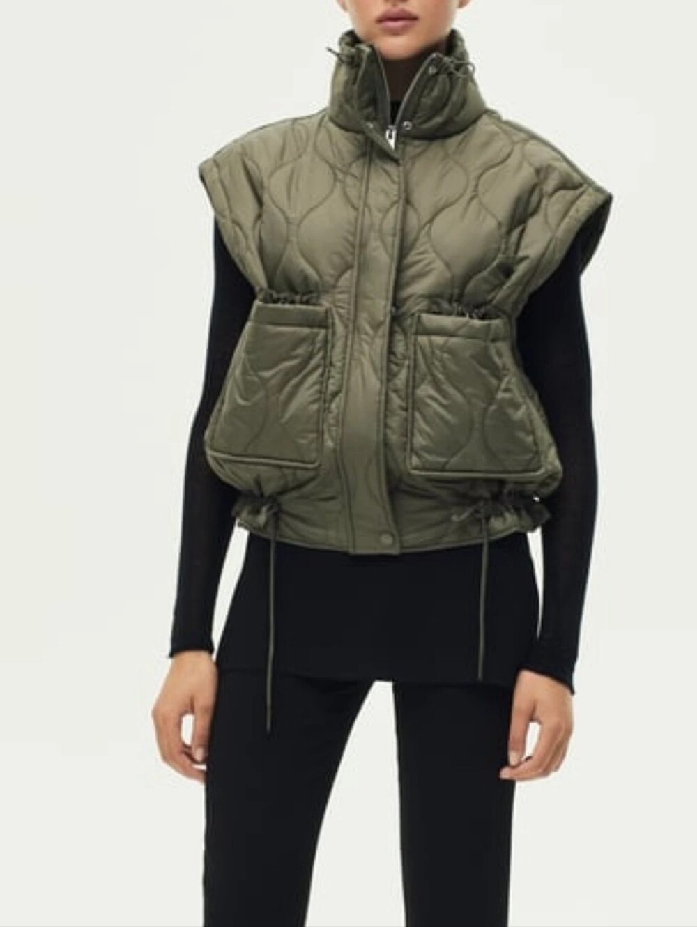 Zara high collar water repellent quilted vest Khaki green Nwt